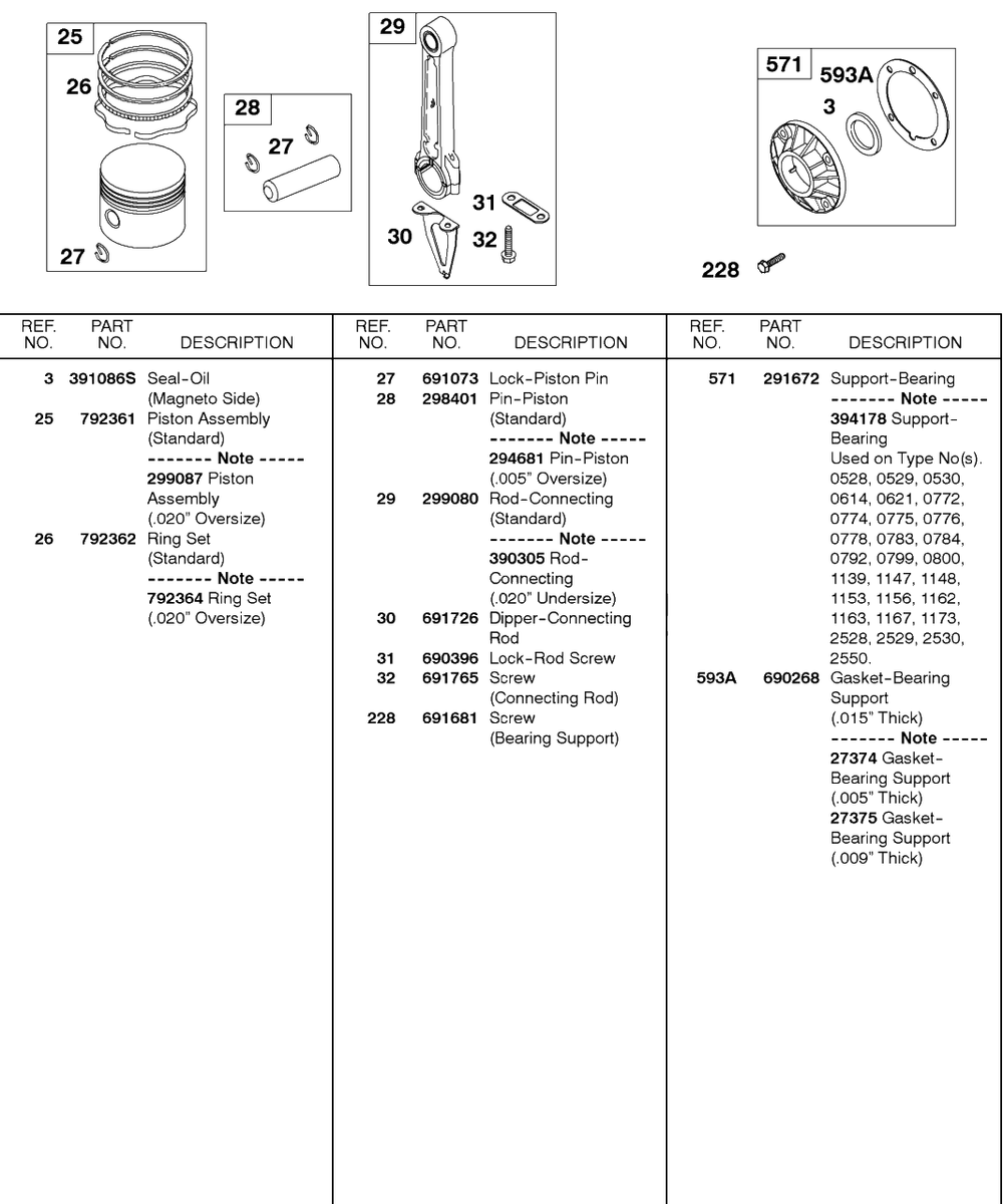 Piston, Connecting Rod, Bearing Support Diagram and Parts List for 243432-0737-XX  Briggs and Stratton Engine